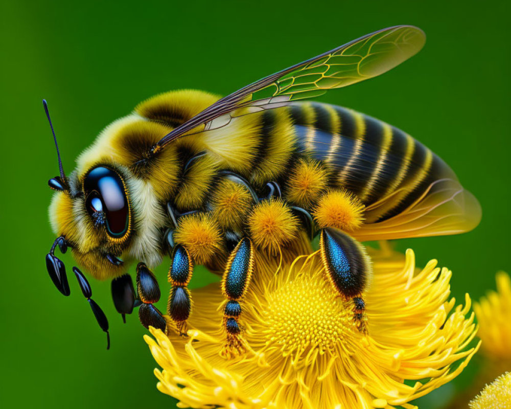 Detailed Close-Up of Bee Collecting Nectar from Yellow Flowers