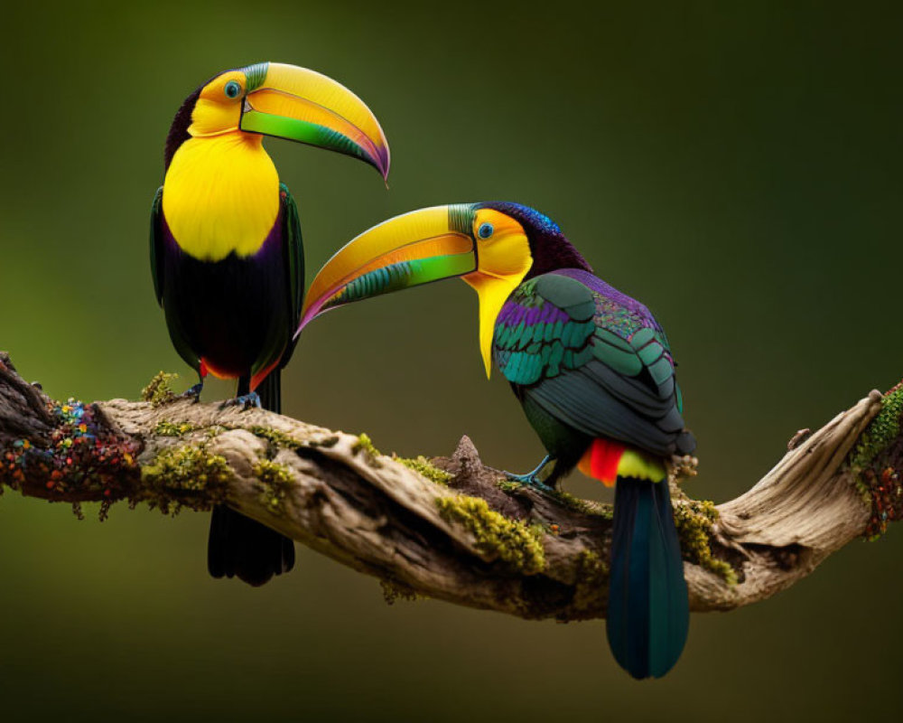 Colorful Toucans Perched on Branch with Soft Green Background