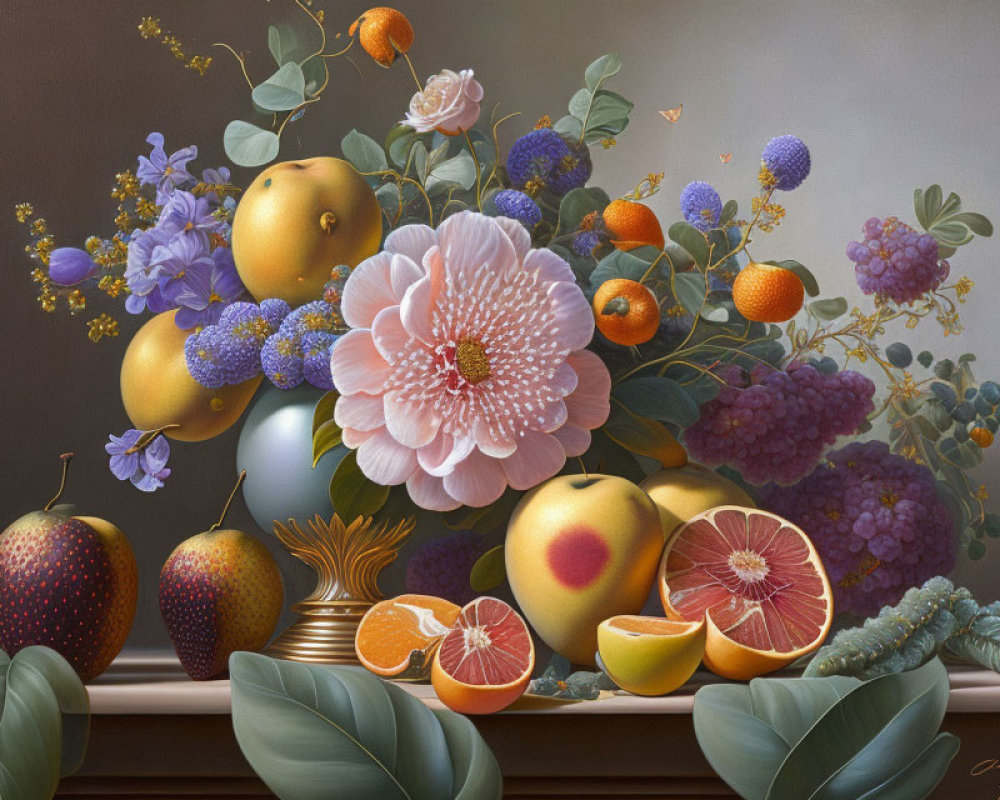 Colorful Still Life Painting with Fruits and Flowers