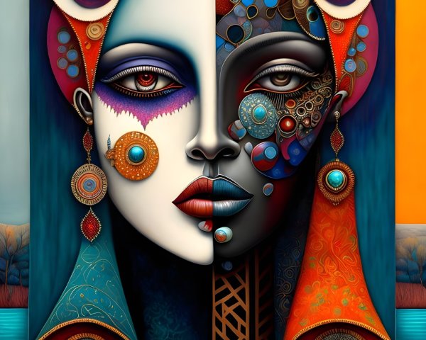 Colorful symmetrical faces with intricate patterns and jewelry in digital art