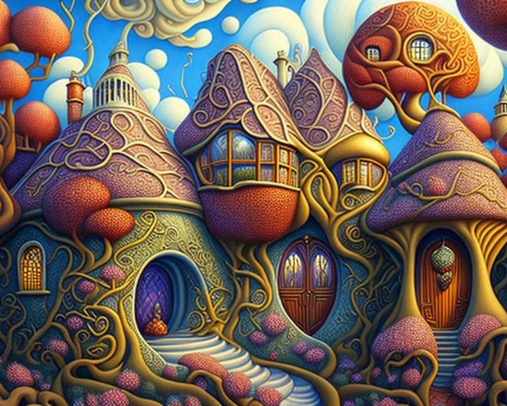 Vibrant surrealistic painting with whimsical structures and floating spheres