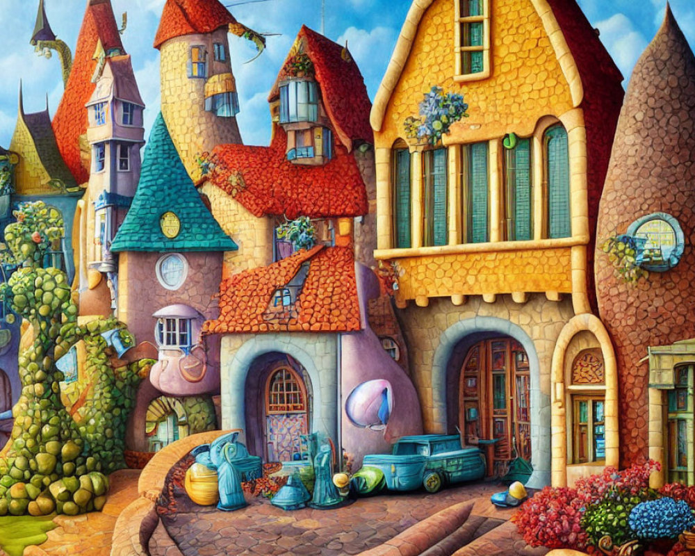 Colorful Fantasy Village with Quirky Architecture and Greenery