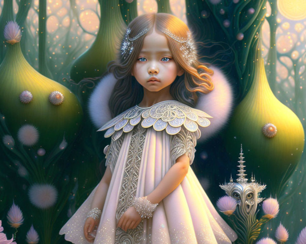 Whimsical illustration of mystical girl with glowing plants & ethereal creature