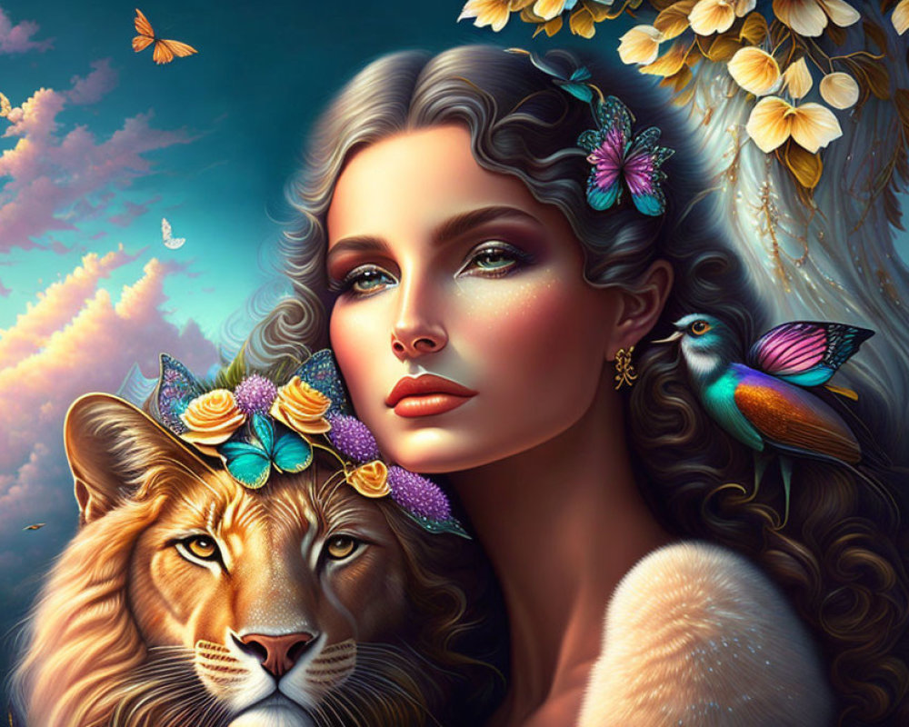 Fantasy portrait featuring woman with wavy hair, lion, bird, flowers, butterflies, and night