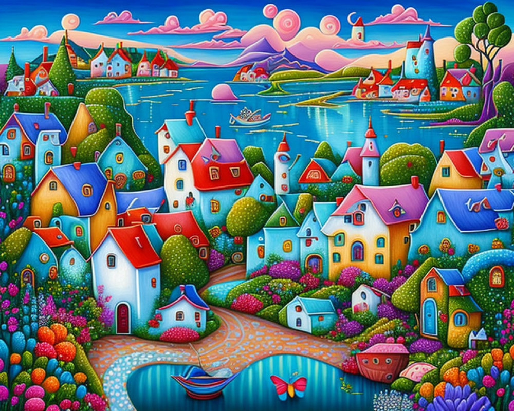 Colorful landscape painting with stylized houses, lush flora, winding paths, river, boat, and