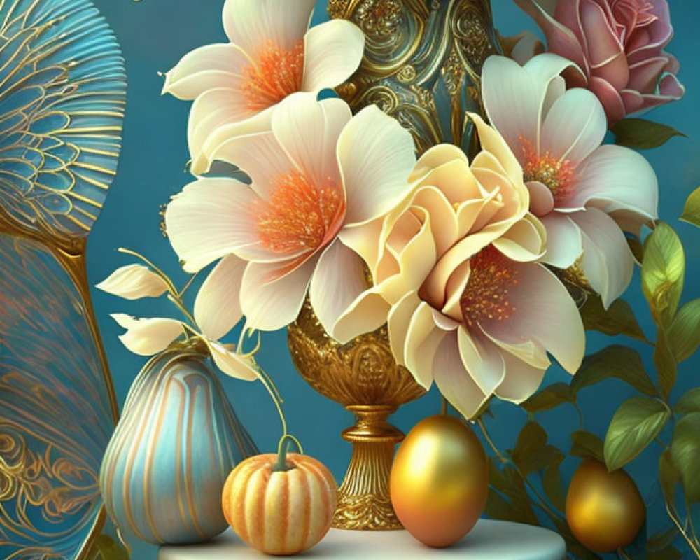 Golden chandelier with flowers, leaves, pumpkin, and gold eggs on teal background