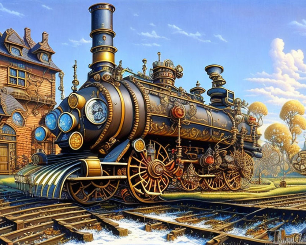 Steampunk-style train on railway with cogwheel trees under blue sky