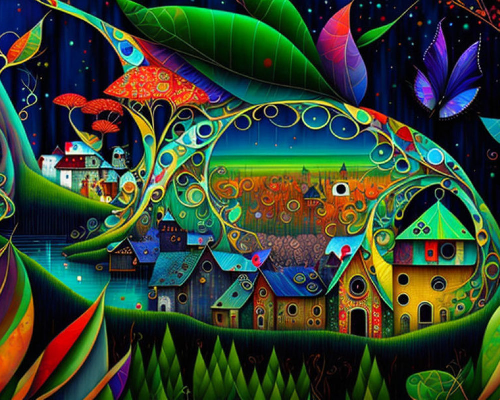 Colorful Fantasy Art: Vibrant Landscape with Whimsical Houses and Trees