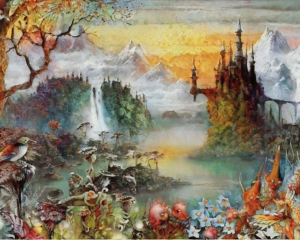 Colorful Flora, Waterfalls, Castle, Wildlife in Fantasy Landscape