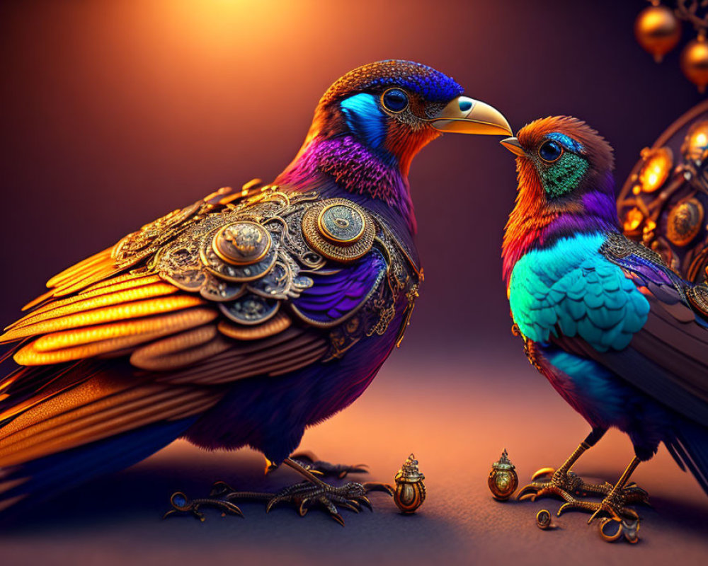 Ornate fantasy birds with vibrant plumage and decorative eggs on warm amber background