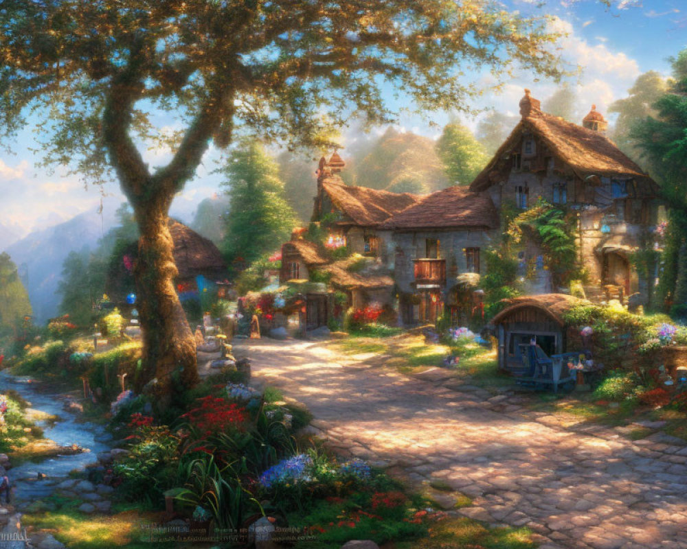 Enchanting village scene with cottages, gardens, cobblestones & glowing tree