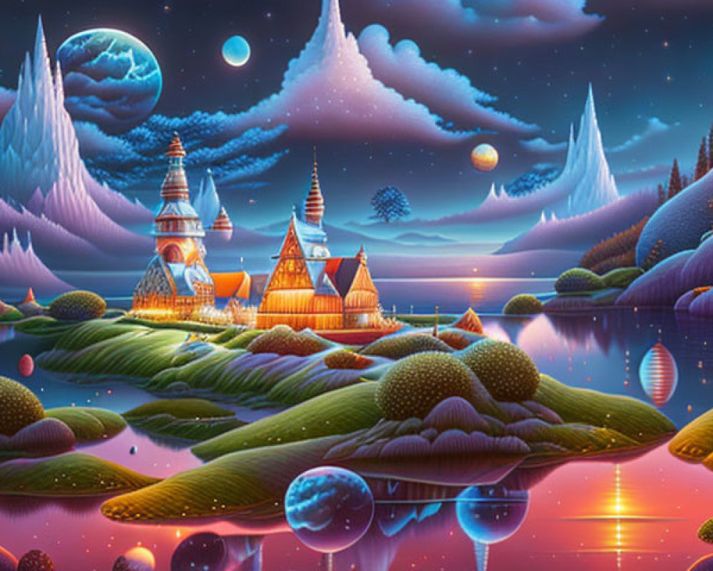 Fantasy landscape with castles, moons, mountains, and reflective water