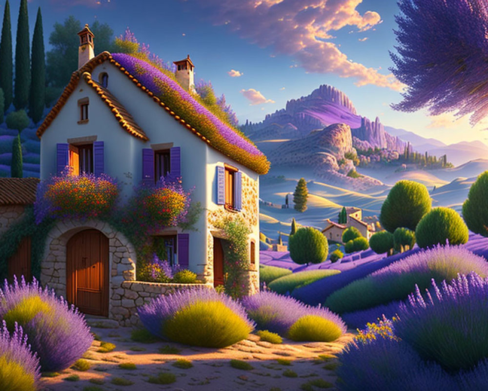 Charming thatched roof cottage in lavender fields at sunset