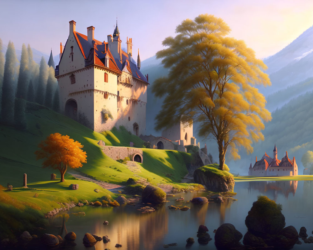 Illustration of fairy tale castle by lake with yellow tree and misty mountains