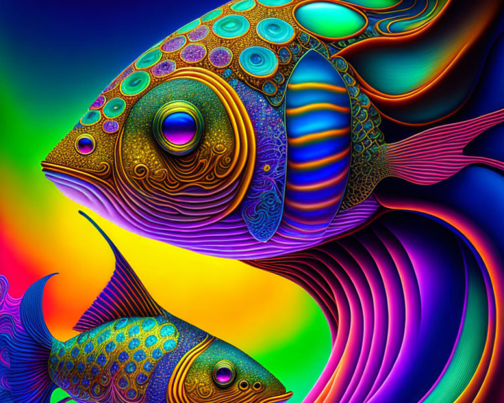 Colorful Digital Artwork Featuring Two Stylized Fish and Psychedelic Background