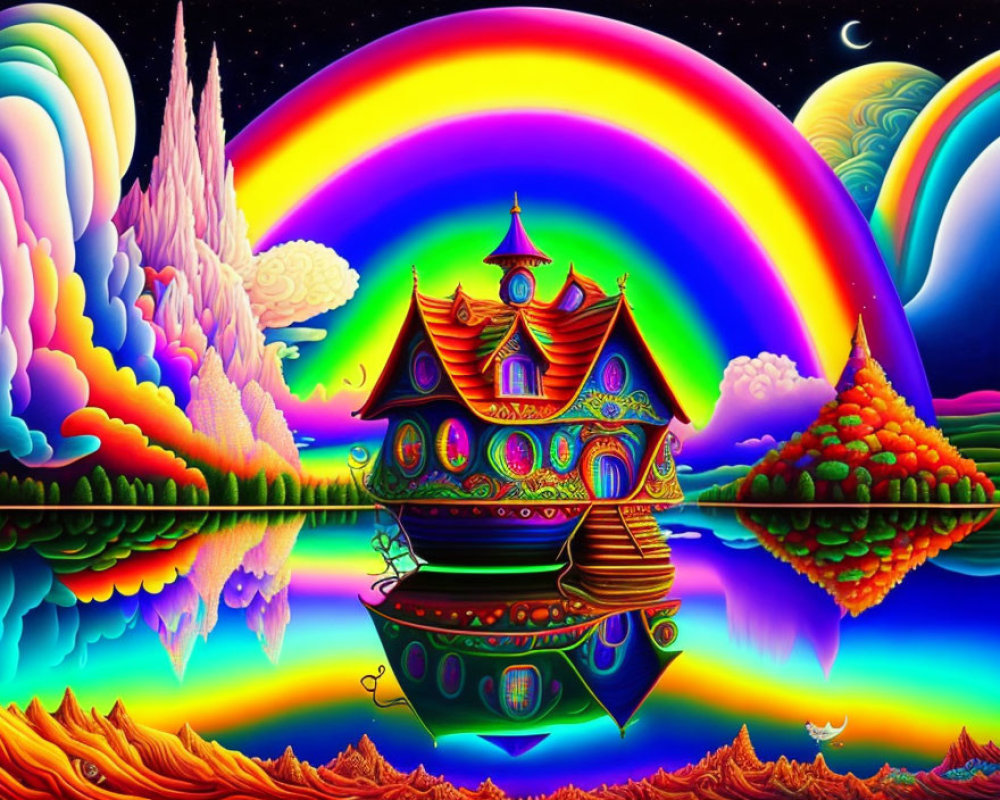 Colorful Psychedelic Illustration of Whimsical House on Boat with Rainbow