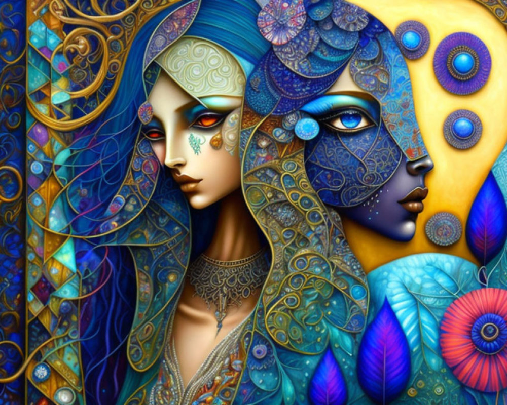 Colorful artwork: Two female faces with intricate patterns, one in cool tones with moon motif, the