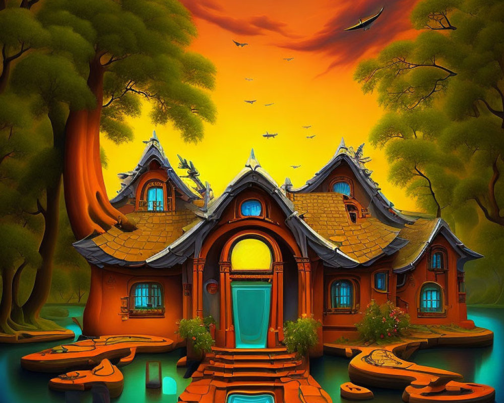 Colorful Cartoon-Style Sunset House Illustration with Birds