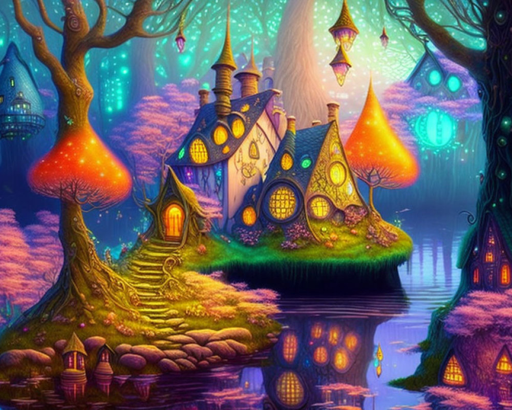 Fantasy landscape with floating island and cozy mushroom house