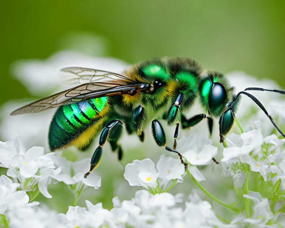 Green iridescent bee on white flowers with soft-focus green background