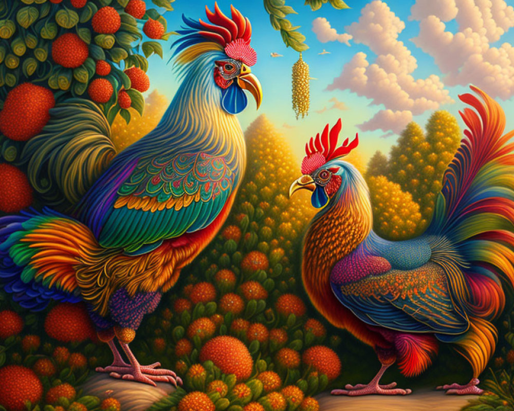 Vibrantly colored roosters in lush foliage under dreamlike sky