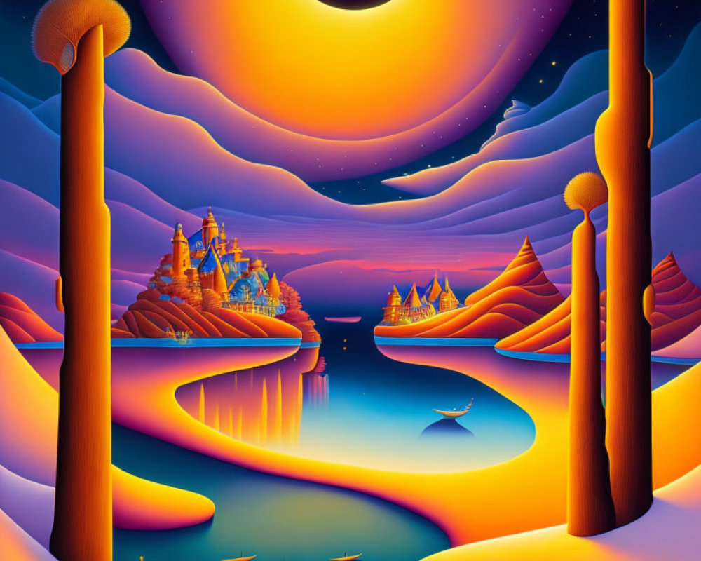 Fantastical landscape with orange towers, luminous castle, crescent moon, and silhouet