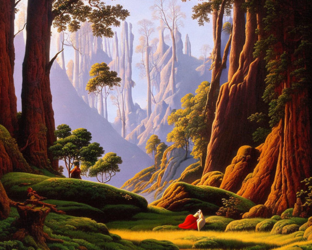 Tranquil forest scene with moss-covered grounds and ancient trees, person in red cloak sitting in sun