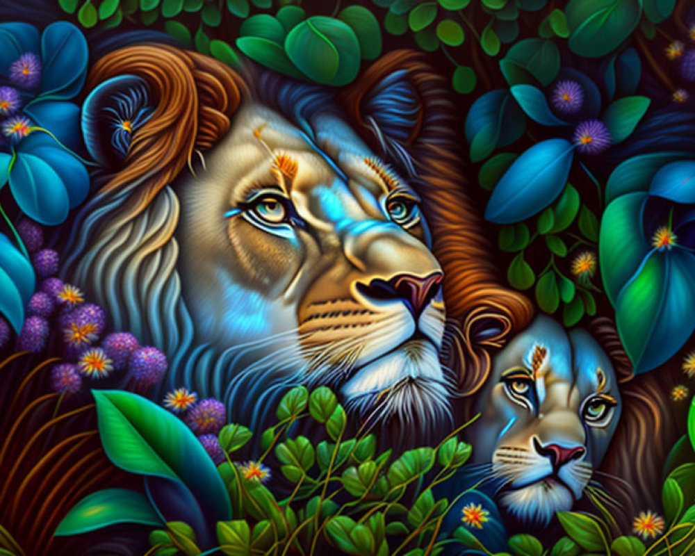 Detailed Illustration of Lions in Lush Foliage and Flowers