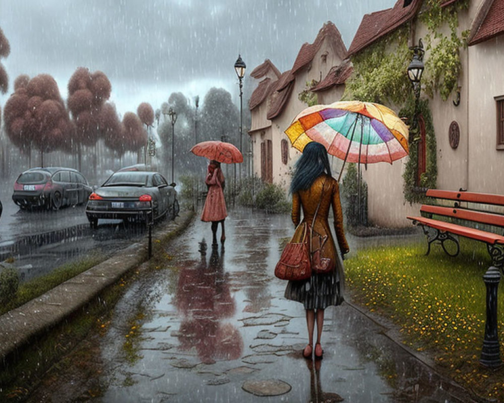 Colorful umbrella person walks on rainy street with parked cars, bench, and street lamp.