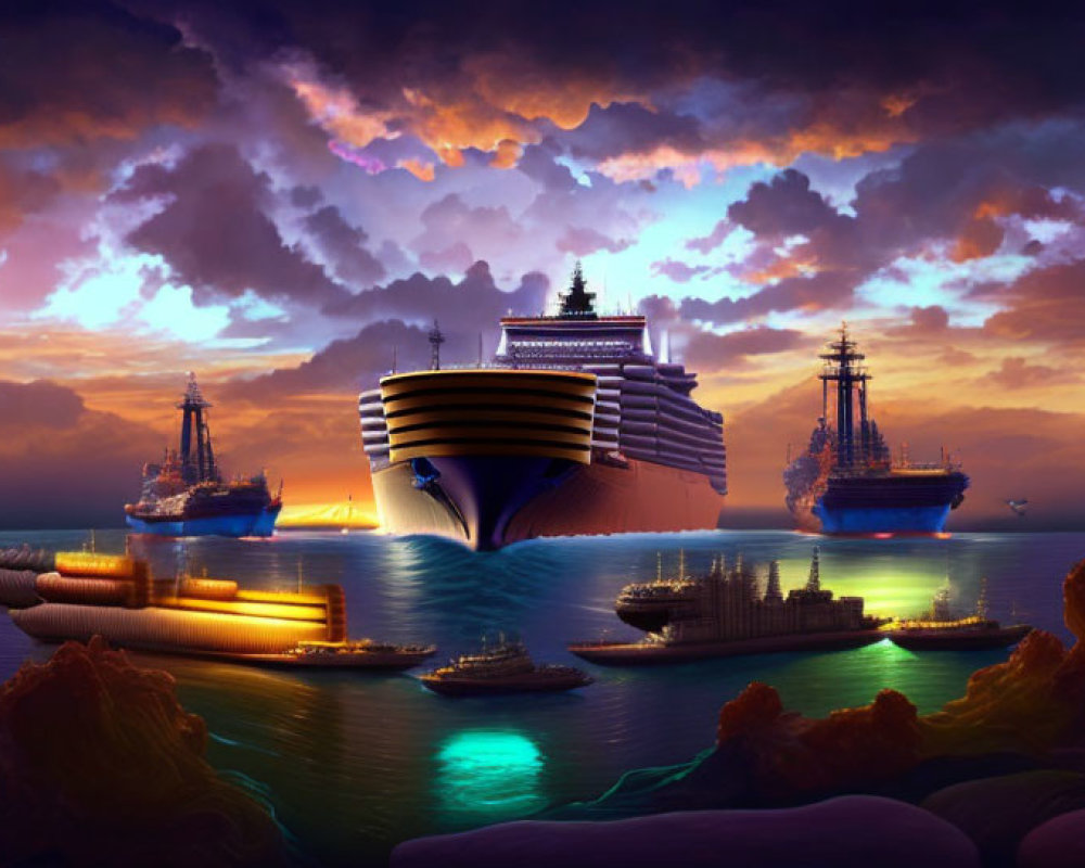 Colorful digital artwork of ships on mystical ocean at sunset.