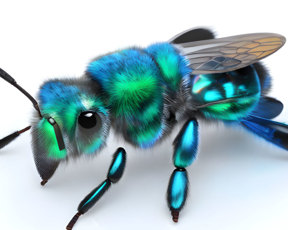 Detailed digital illustration of a vibrant bee with blue and green hues and translucent wings