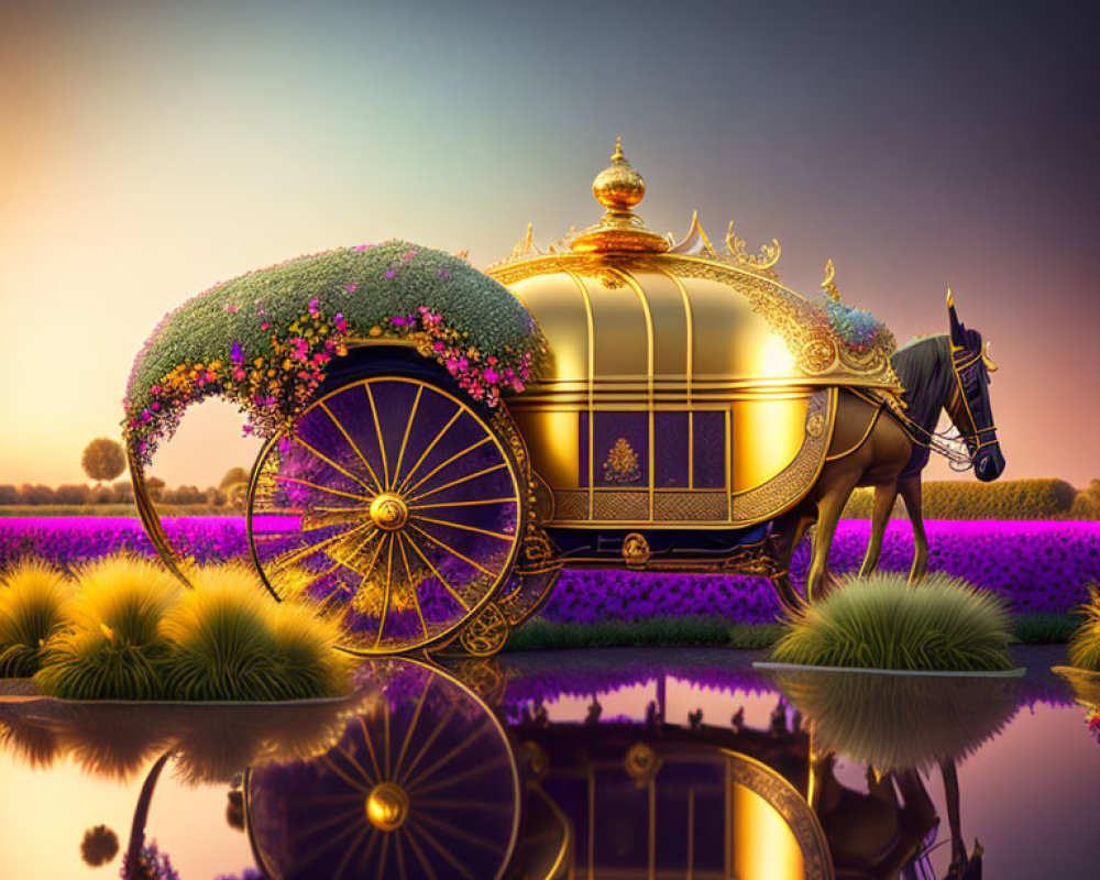 Golden Carriage with Flowers by Reflective Water at Dusk