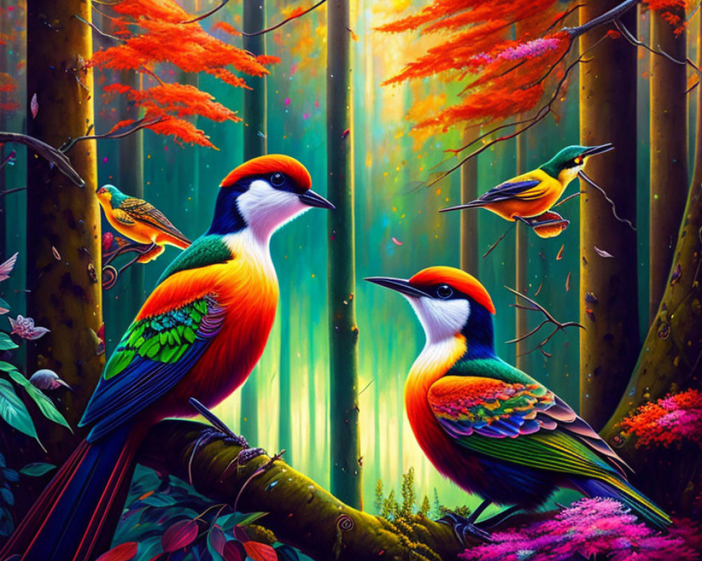 Colorful digital art: Mystical forest with exotic birds, lush foliage