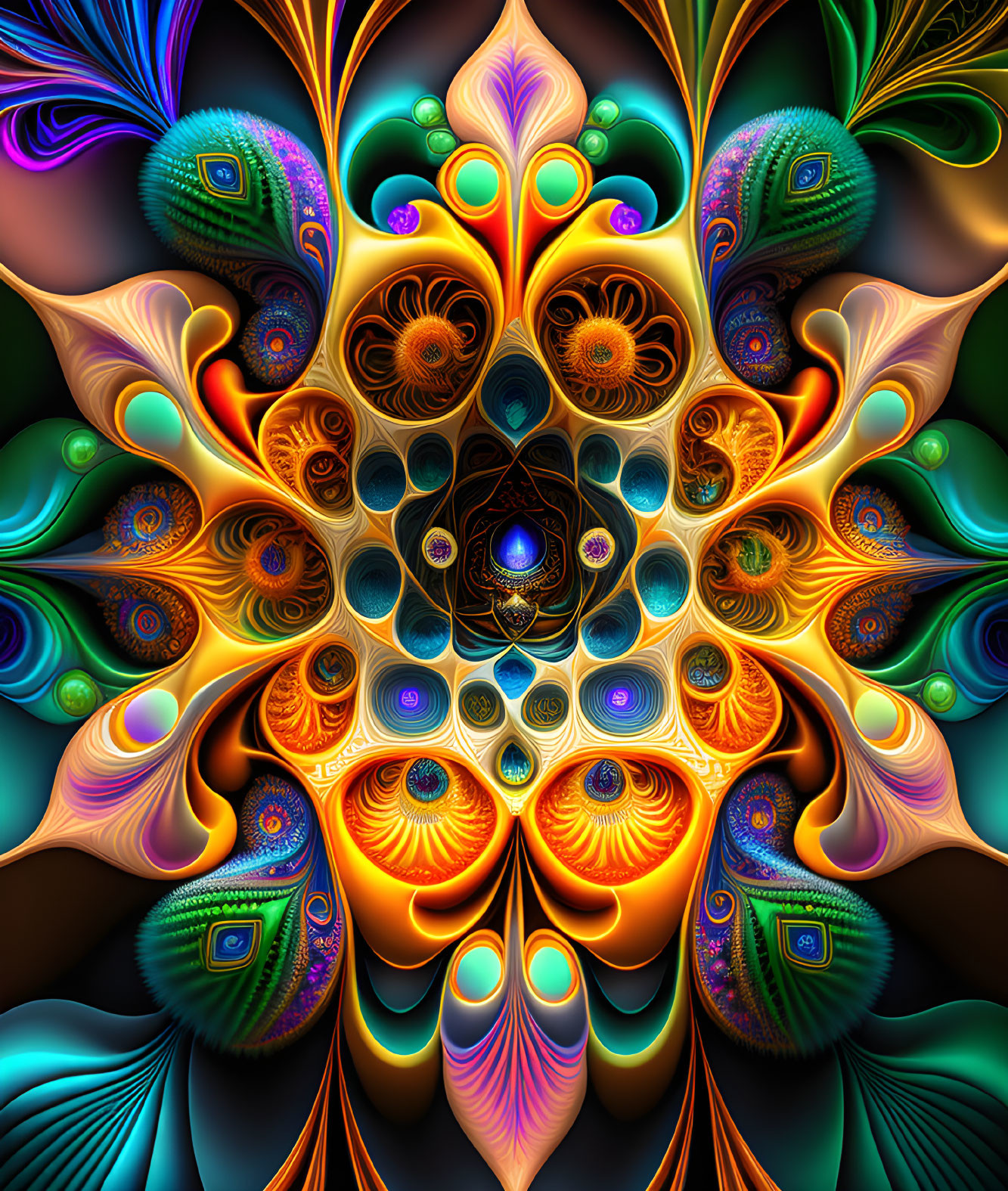 Symmetrical fractal patterns with peacock feather motifs in vibrant colors