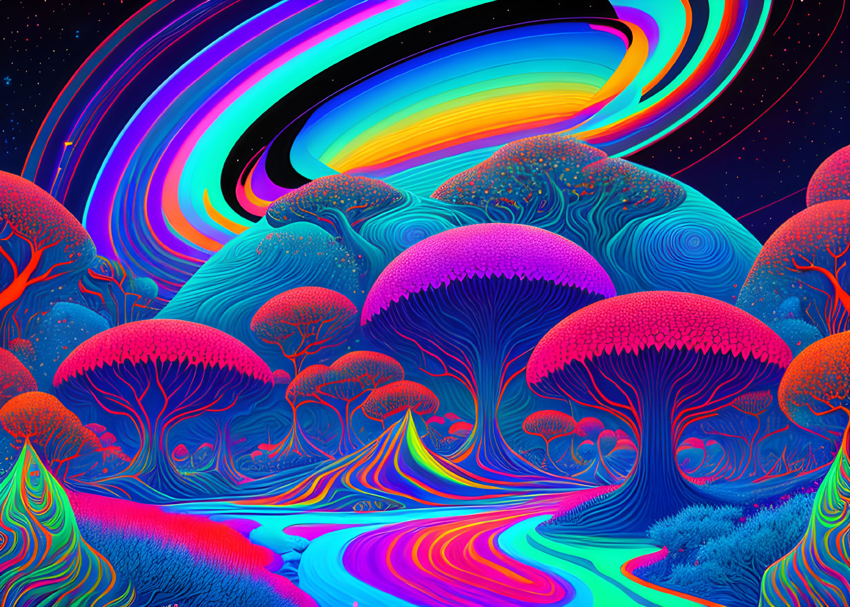 Colorful Psychedelic Landscape with Neon Trees and Rainbow Skies