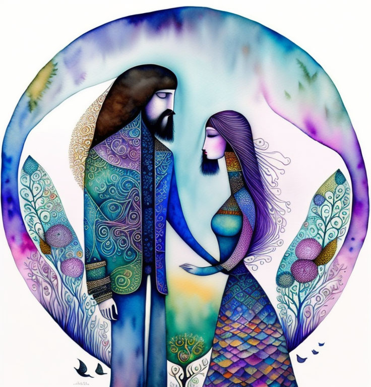 Vibrant peacock-themed man and woman in circular illustration