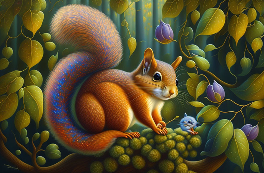 Colorful illustration: Orange squirrel on green branch with bluebird in nature