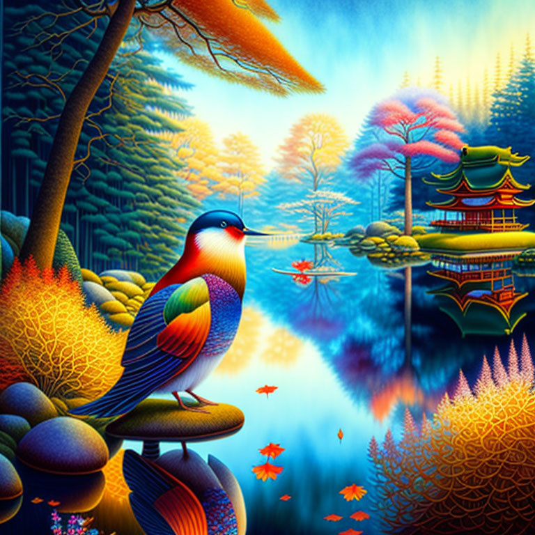 Colorful bird in serene autumn landscape by lake and pavilion