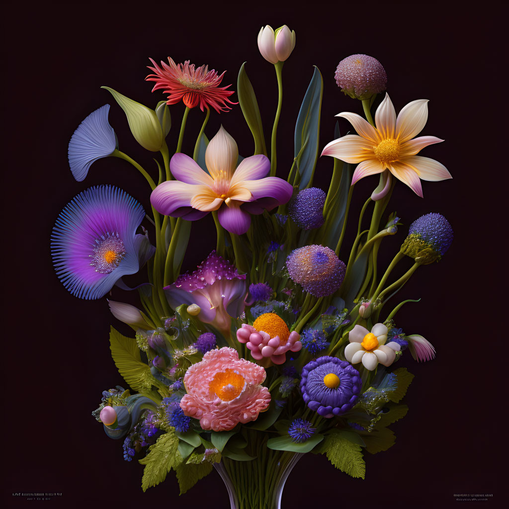 Assorted Vibrant Flowers Against Dark Background