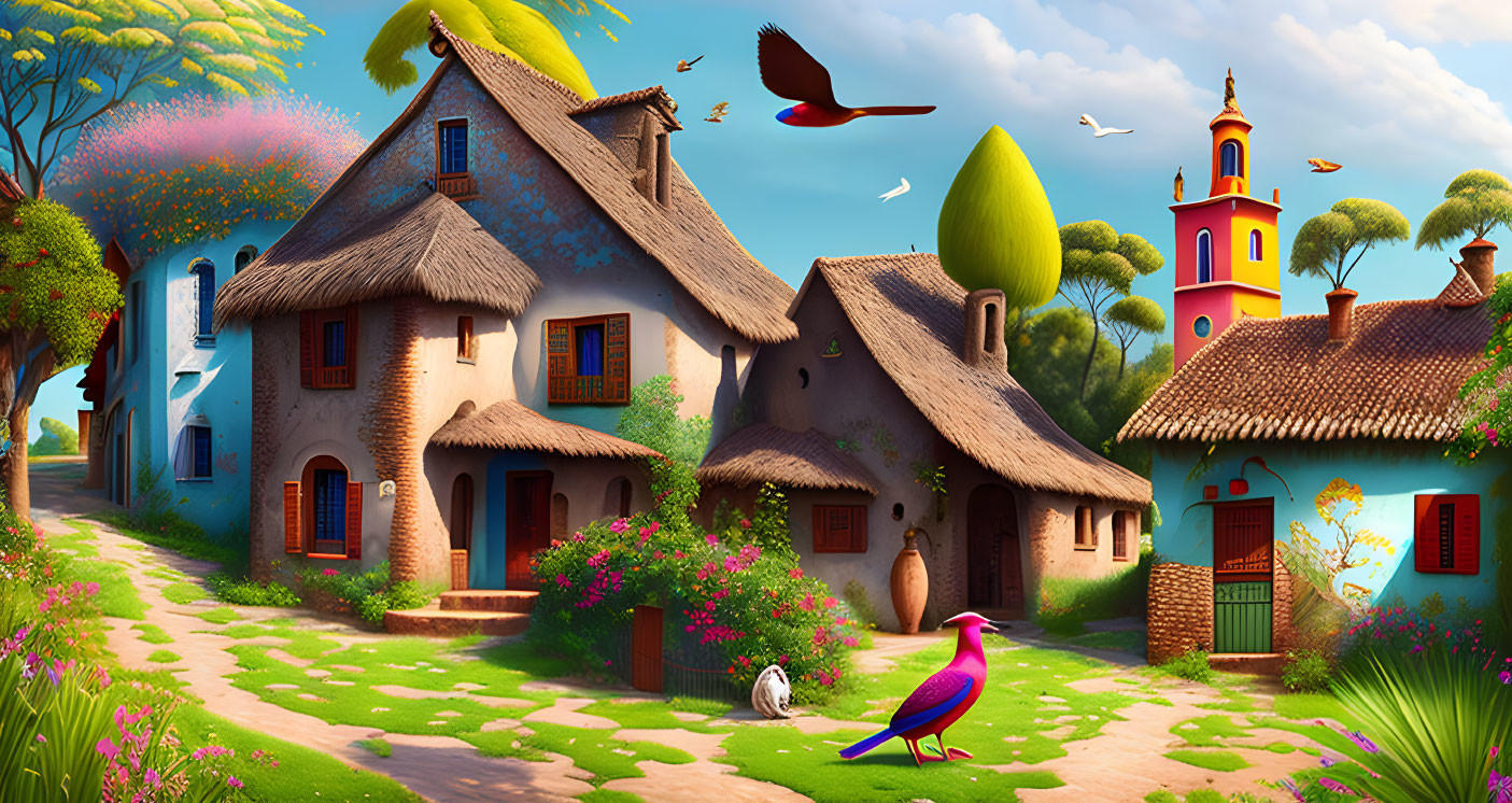 Vibrant fantasy village with thatched-roof cottages and whimsical birds