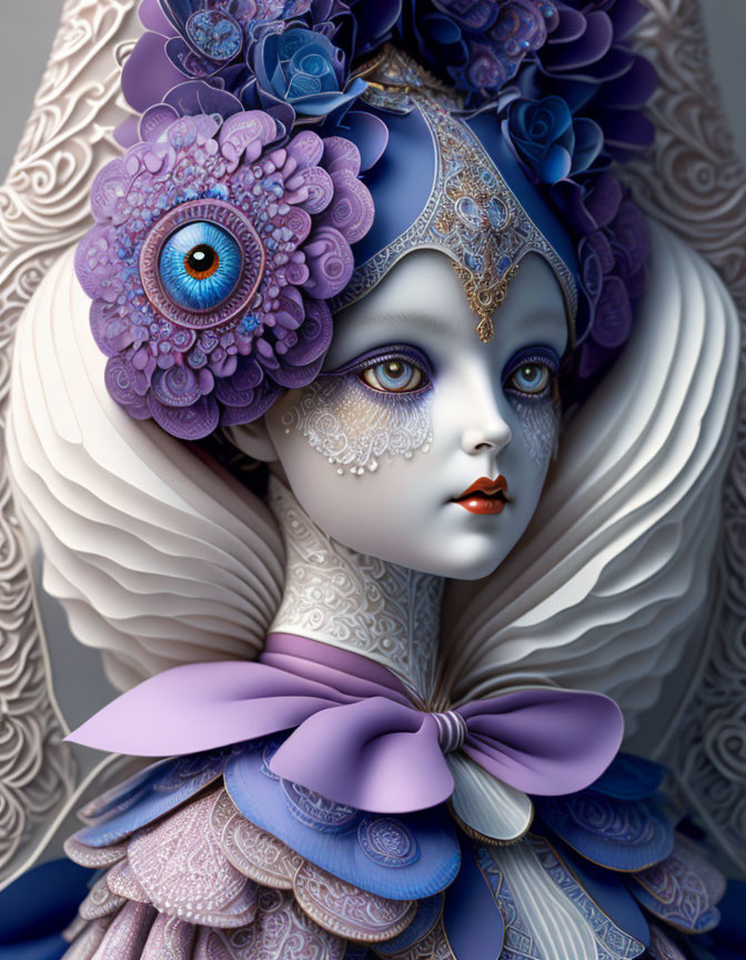 Digital portrait: Pale figure with silver and purple headpiece, central eye in floral design, ruffled