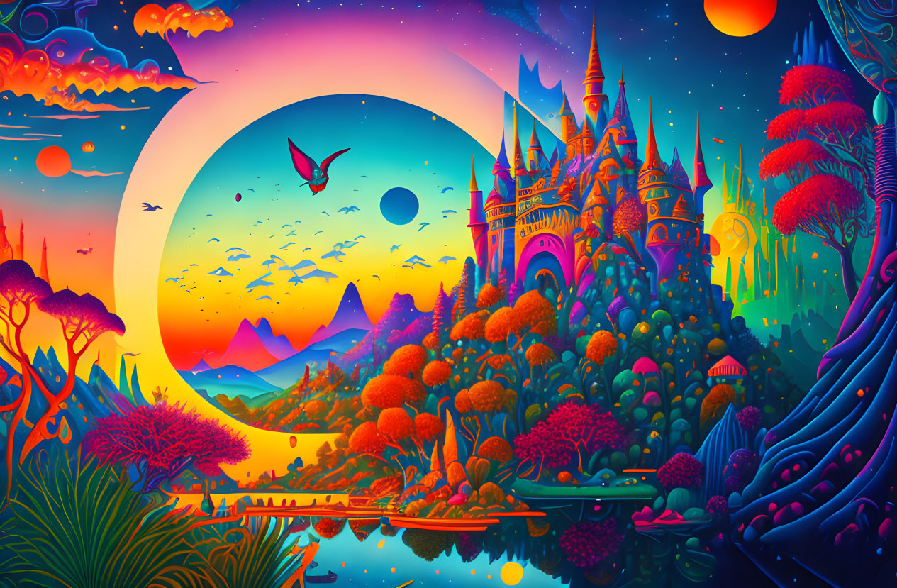 Fantasy landscape with castle, moon, mountains, flora & flying creature