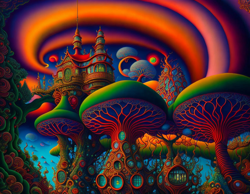 Colorful psychedelic artwork with whimsical landscape and mushroom-like structures