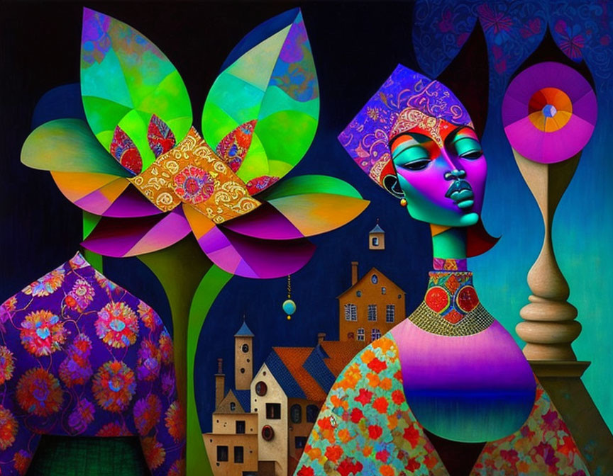 Colorful Artwork: Stylized Woman with Geometric and Floral Elements