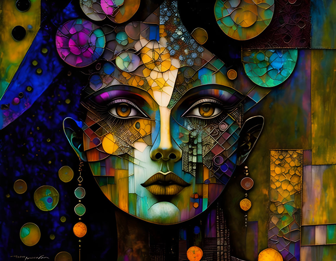 Colorful Abstract Portrait with Geometric Patterns and Mosaic Textures