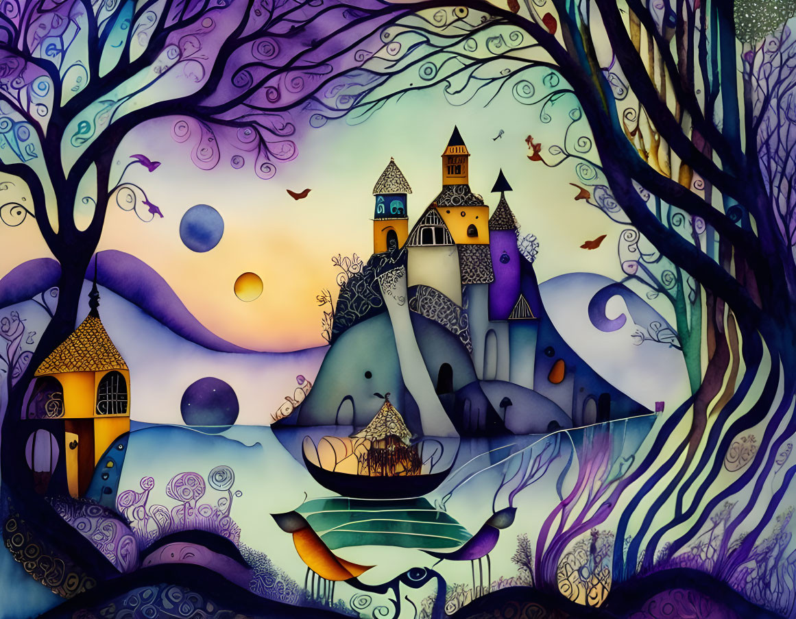 Fantasy landscape with castle, trees, boat, and birds under twilight sky