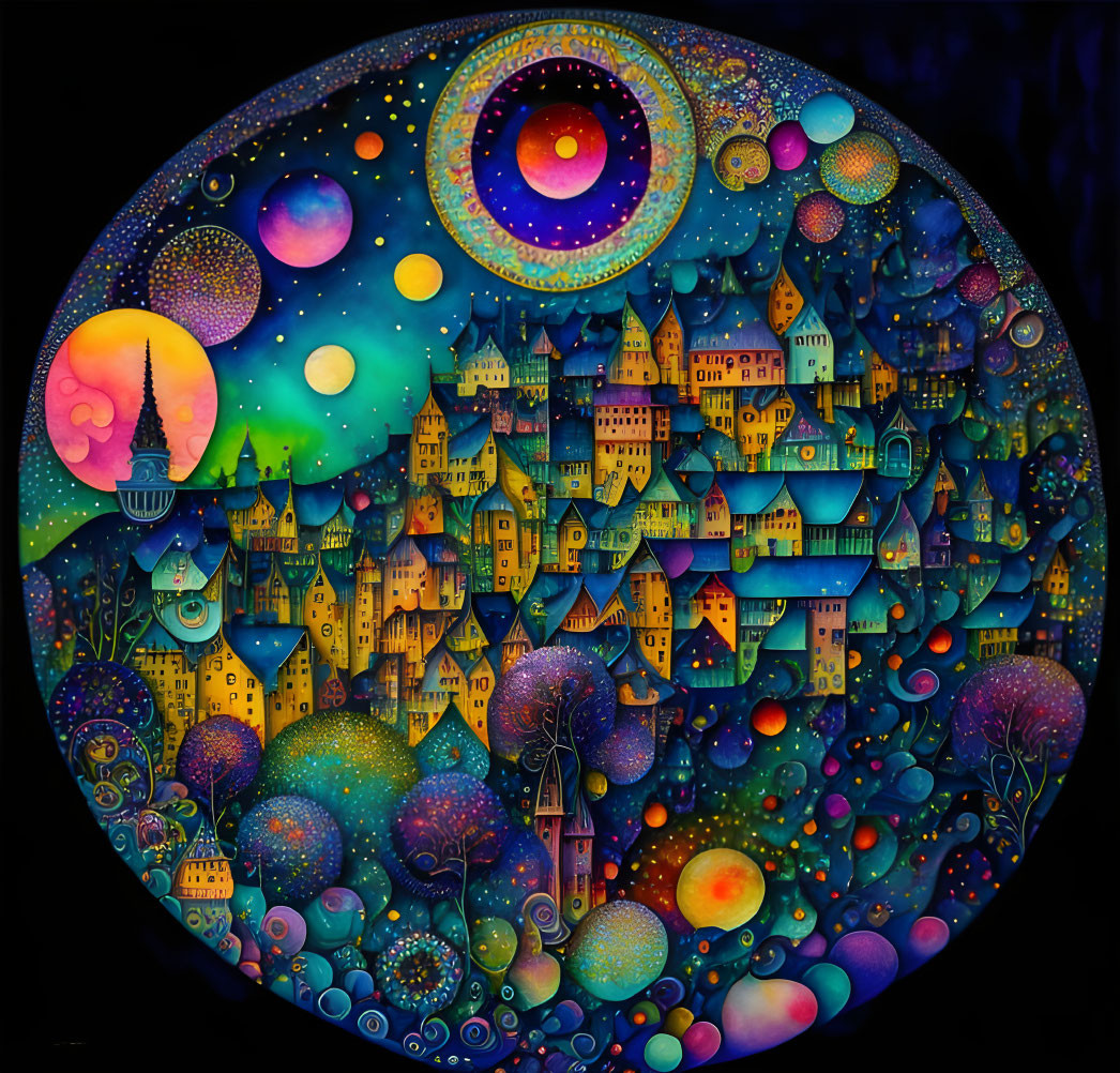 Colorful circular artwork of whimsical night scene with celestial bodies, town, and hot air balloon.