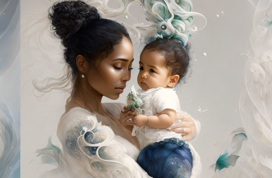 Fantasy-inspired illustration of woman with elaborate updo holding infant