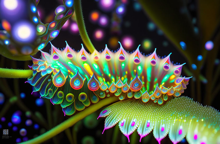 Colorful surreal artwork: Creature with peacock feather-like appendages in neon-lit underwater scene