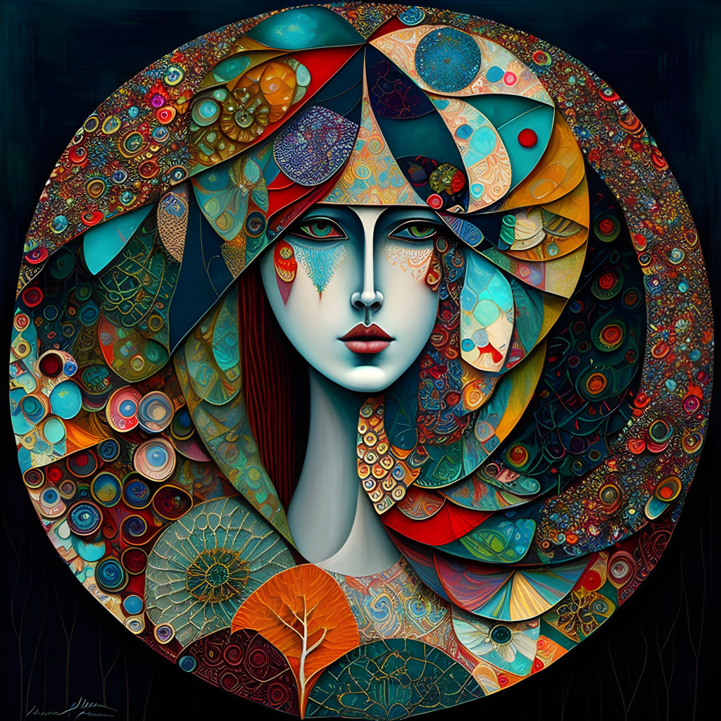 Symmetrical woman's face in colorful mandala design